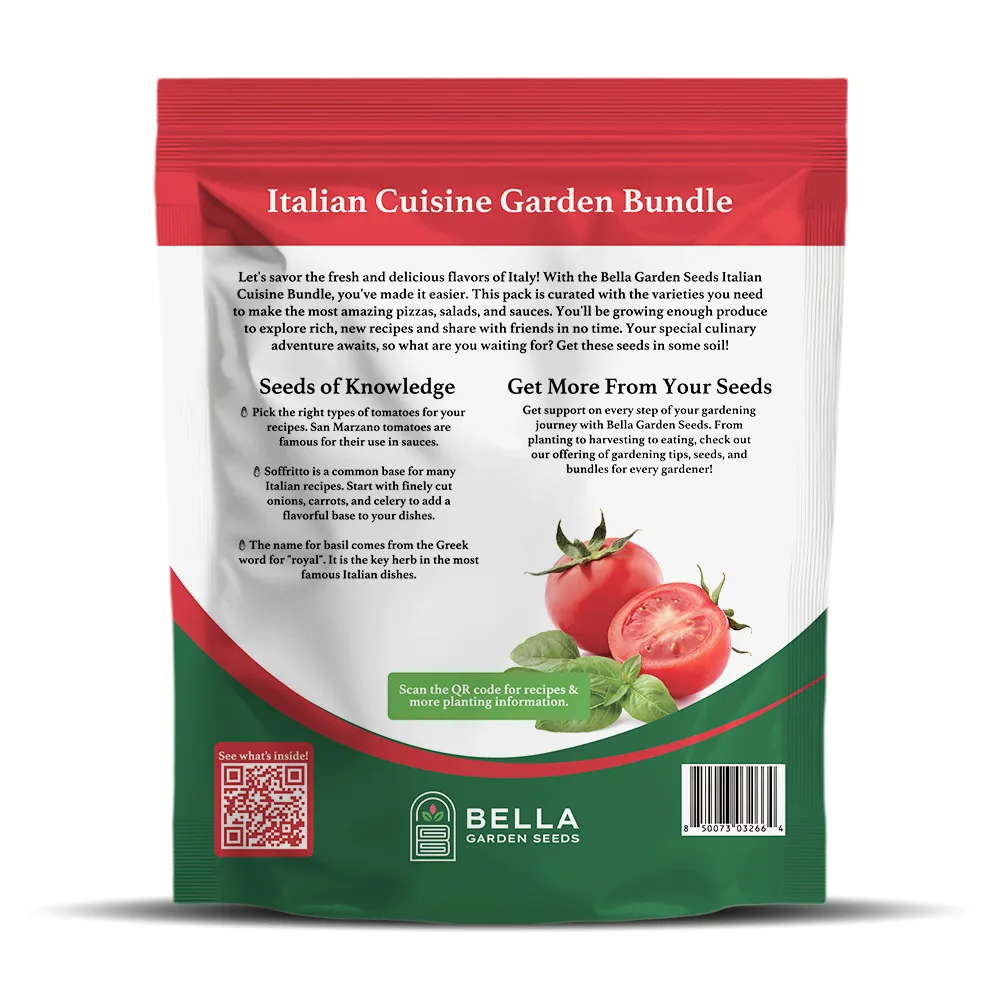 Italian Cuisine Garden Bundle packet back, full list of included varieties and growing guide
