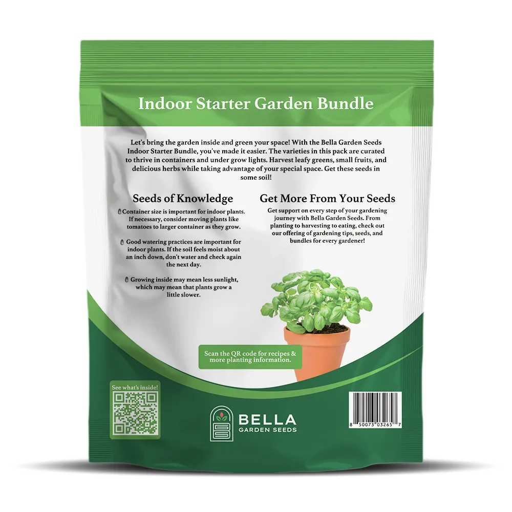 Indoor Starter Seed Bundle packet back, full list of included varieties and growing guide