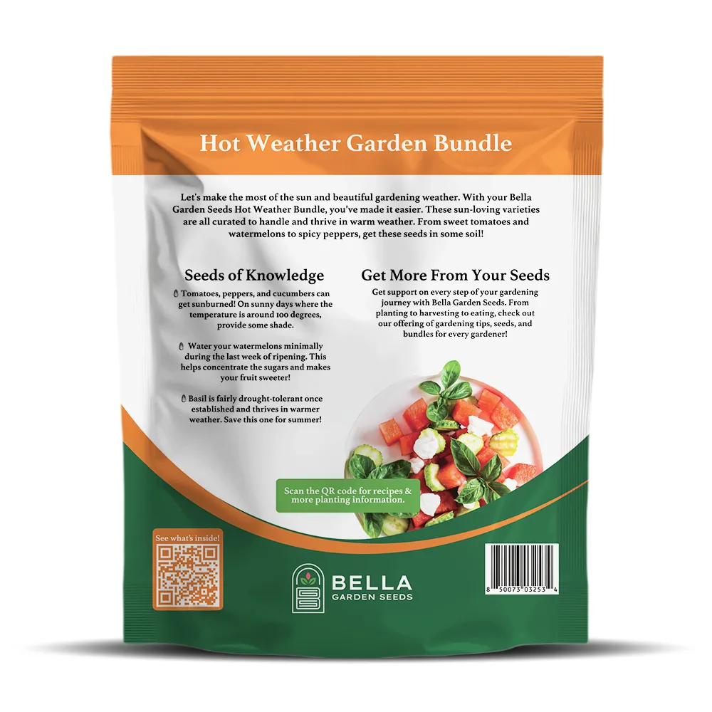 Hot Weather Seed Bundle packet back, full list of included varieties and growing guide