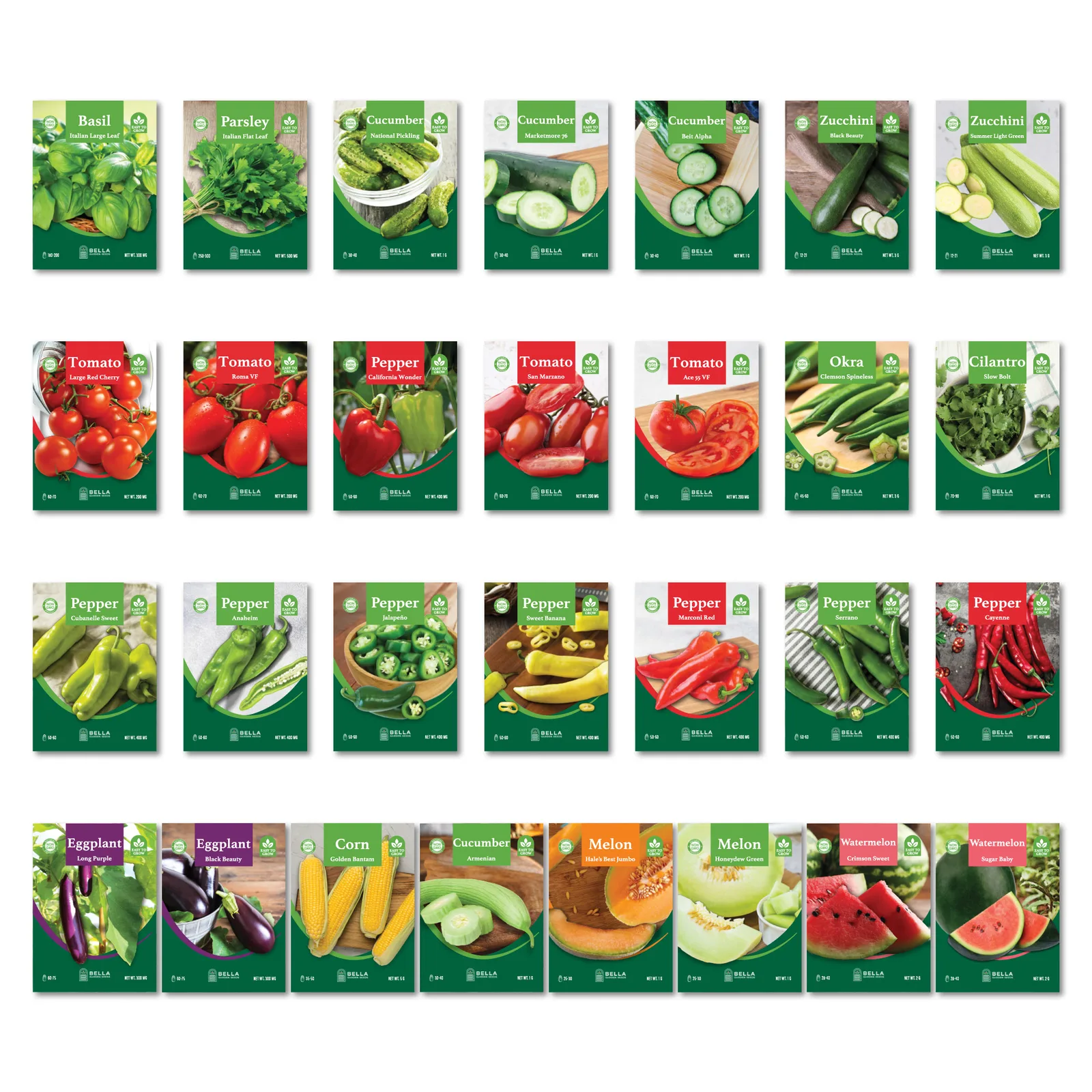 Hot Weather Seed Bundle contents, included seed packets and varieties pictured together