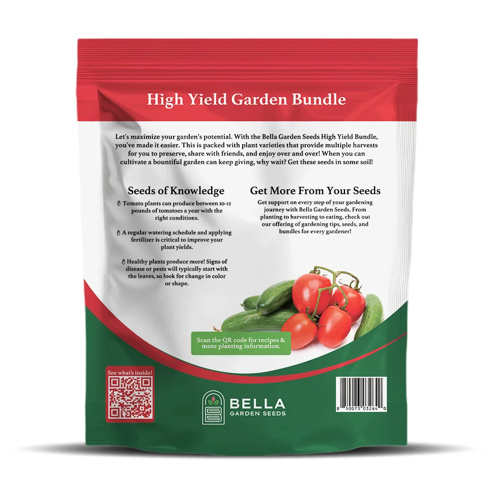 High Yield Seed Bundle packet back, full list of included varieties and growing guide