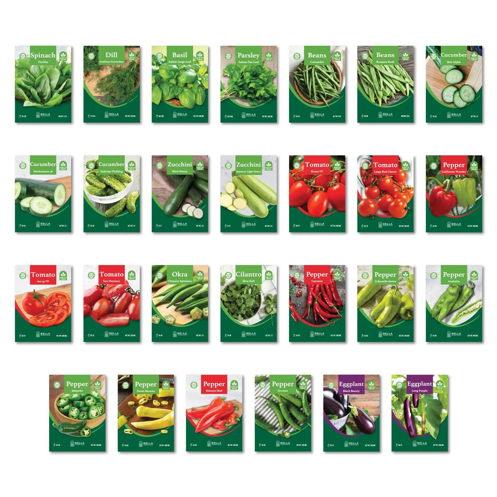 High Yield Seed Bundle contents, included seed packets and varieties pictured together