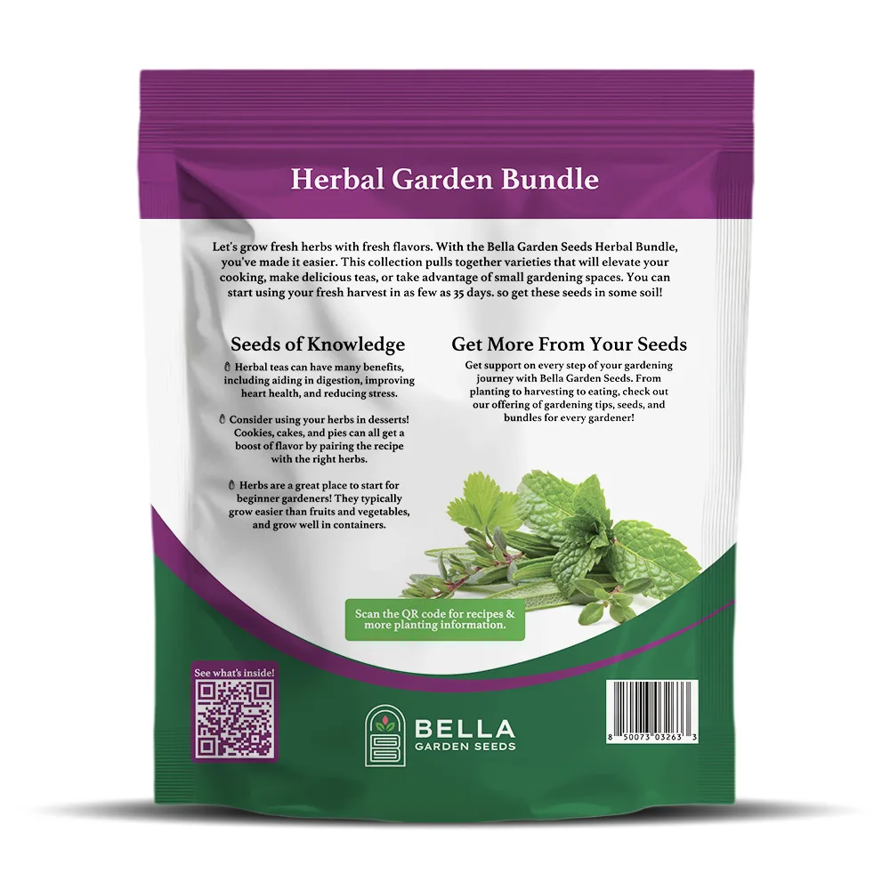 Herbal Seed Bundle packet back, full list of included varieties and growing guide