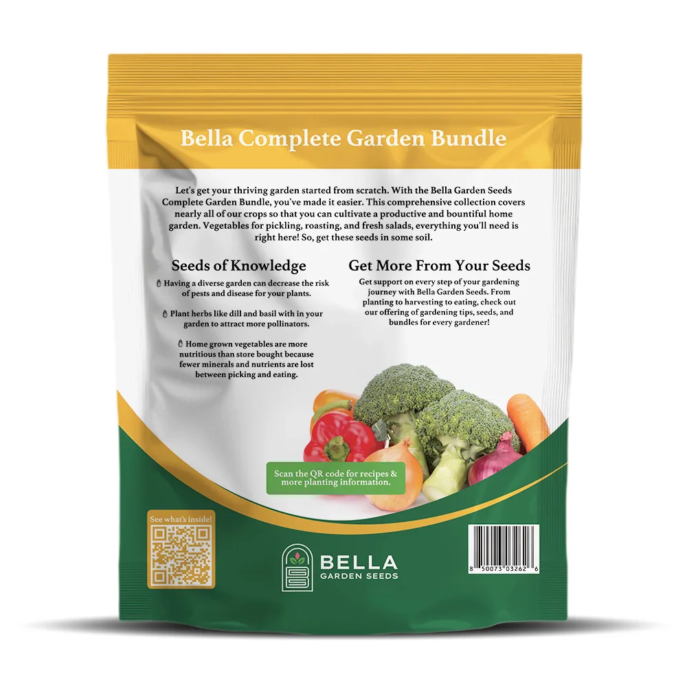 Full Garden Seed Bundle packet back, full list of included varieties and growing guide