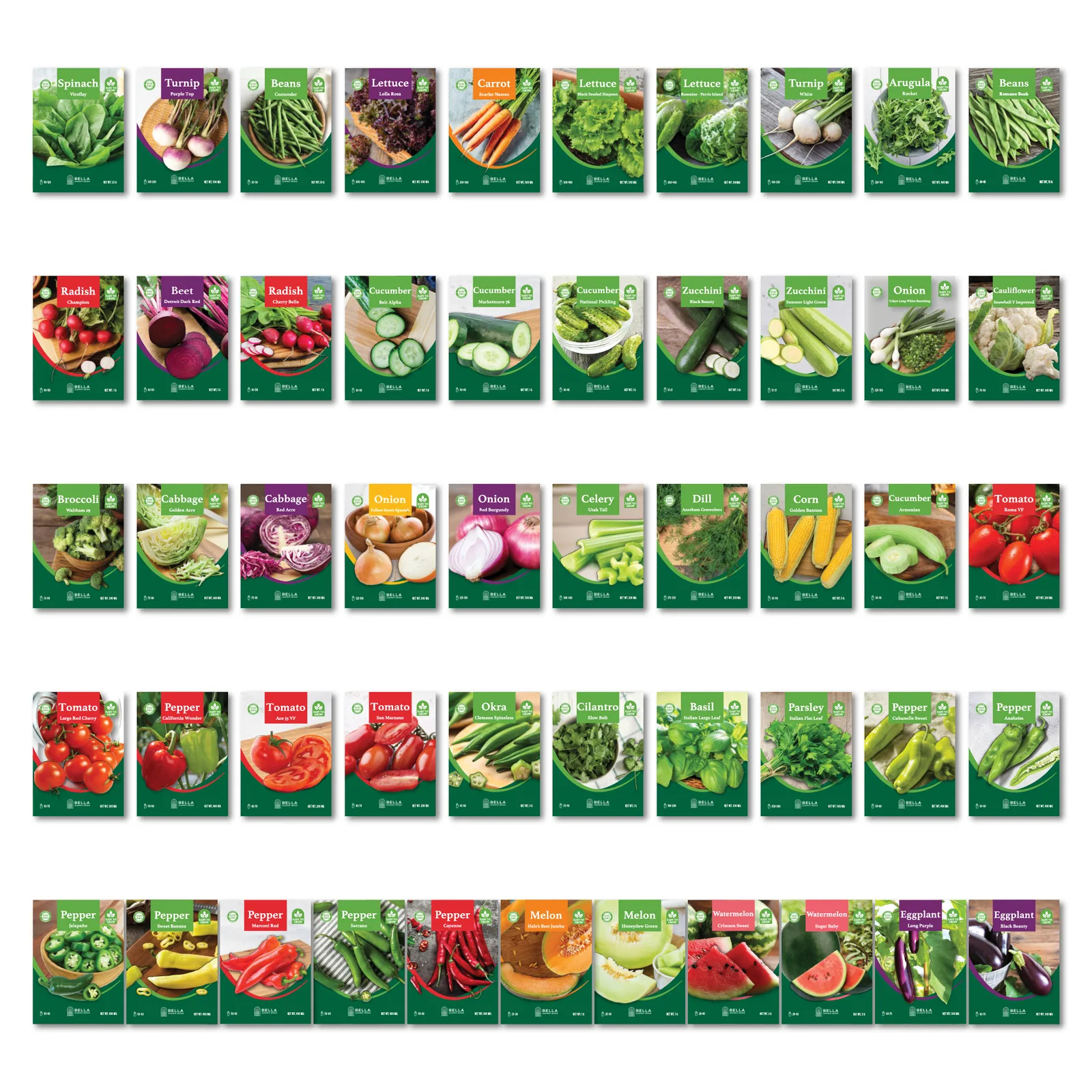 Full Garden Seed Bundle contents, included seed packets and varieties pictured together