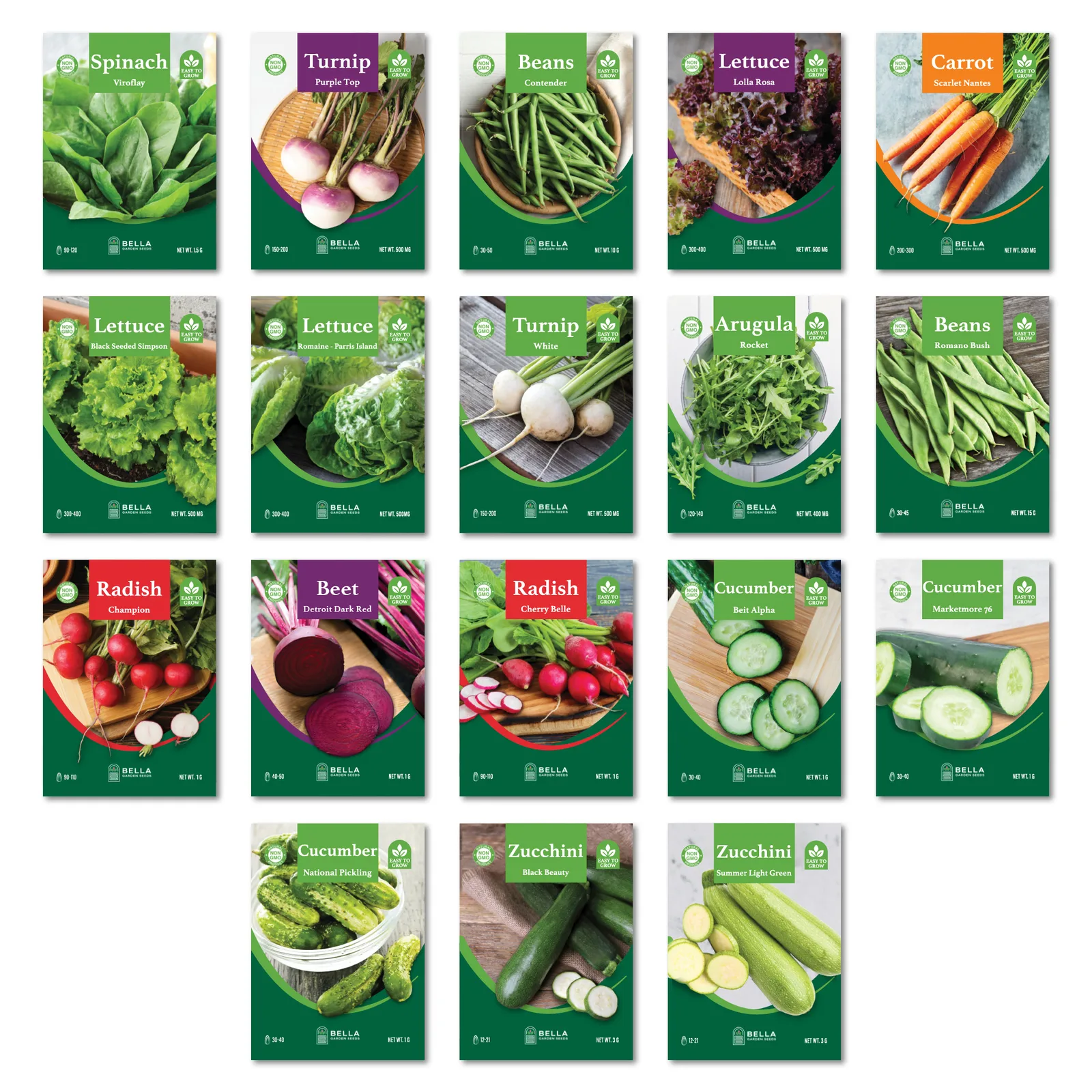 Fast Growers Garden Seed Bundle contents, included seed packets and varieties pictured together