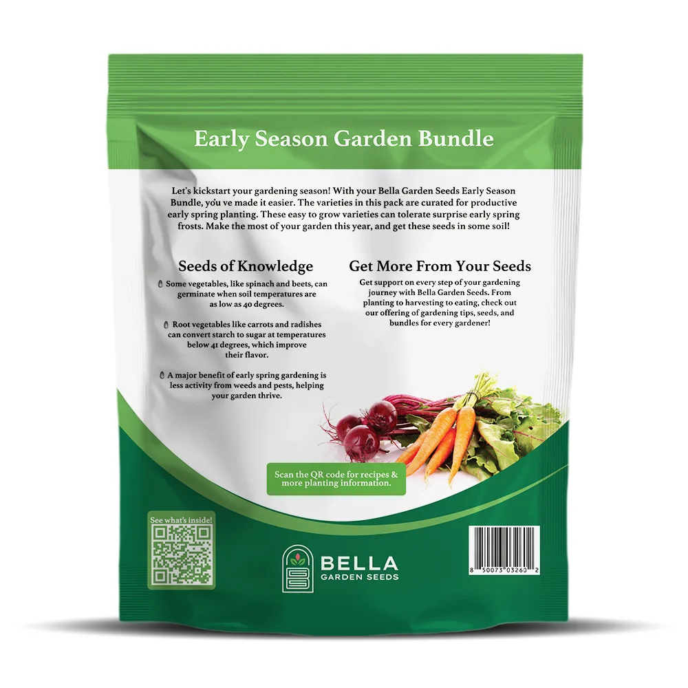 Early Season Bundle packet back, full list of included varieties and growing guide