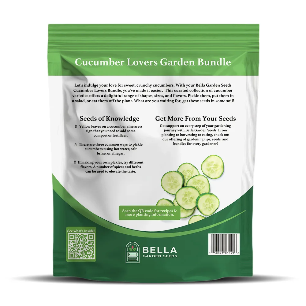 Cucumber Lovers Bundle packet back, full list of included varieties and growing guide