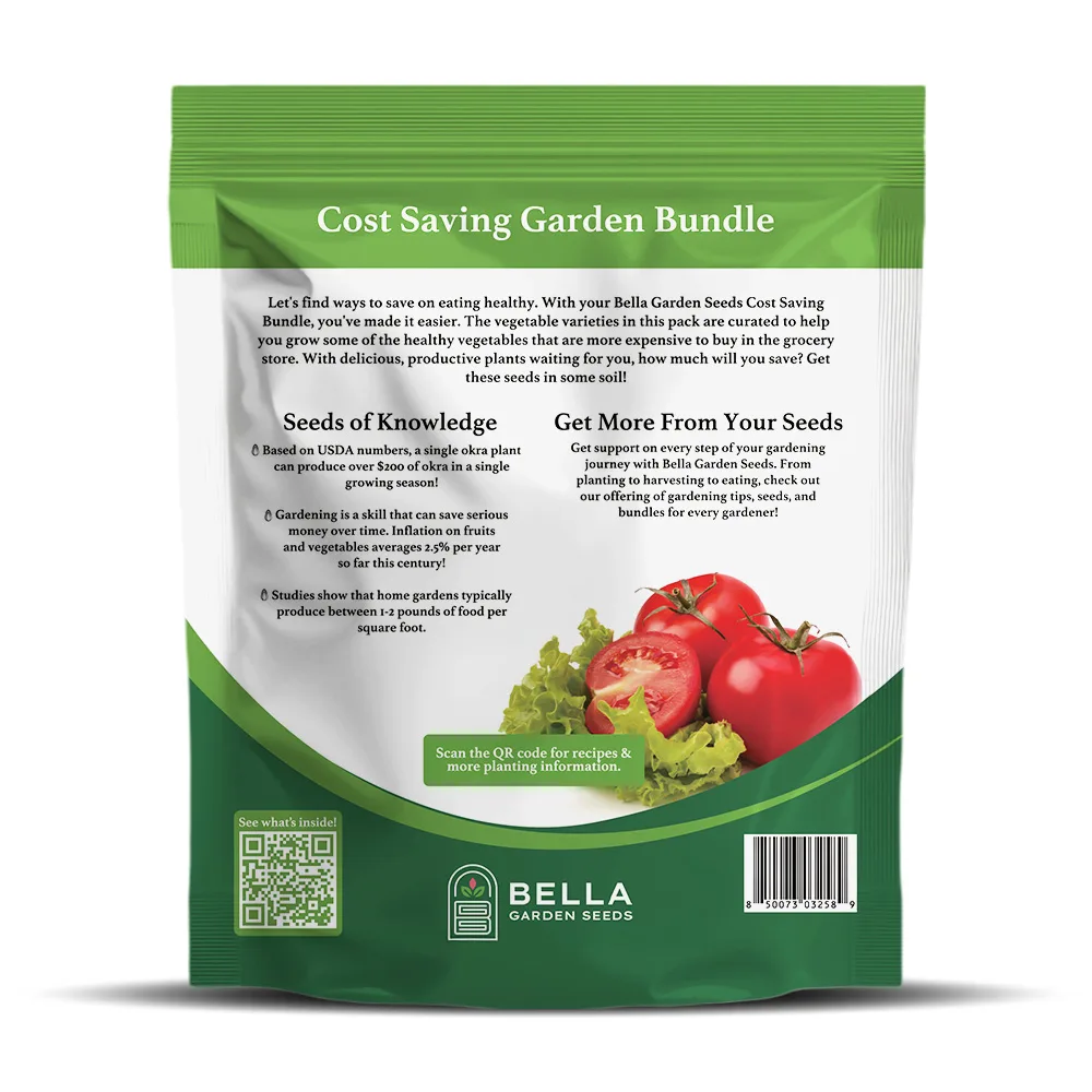 Cost Saving Seed Bundle packet back, full list of included varieties and growing guide