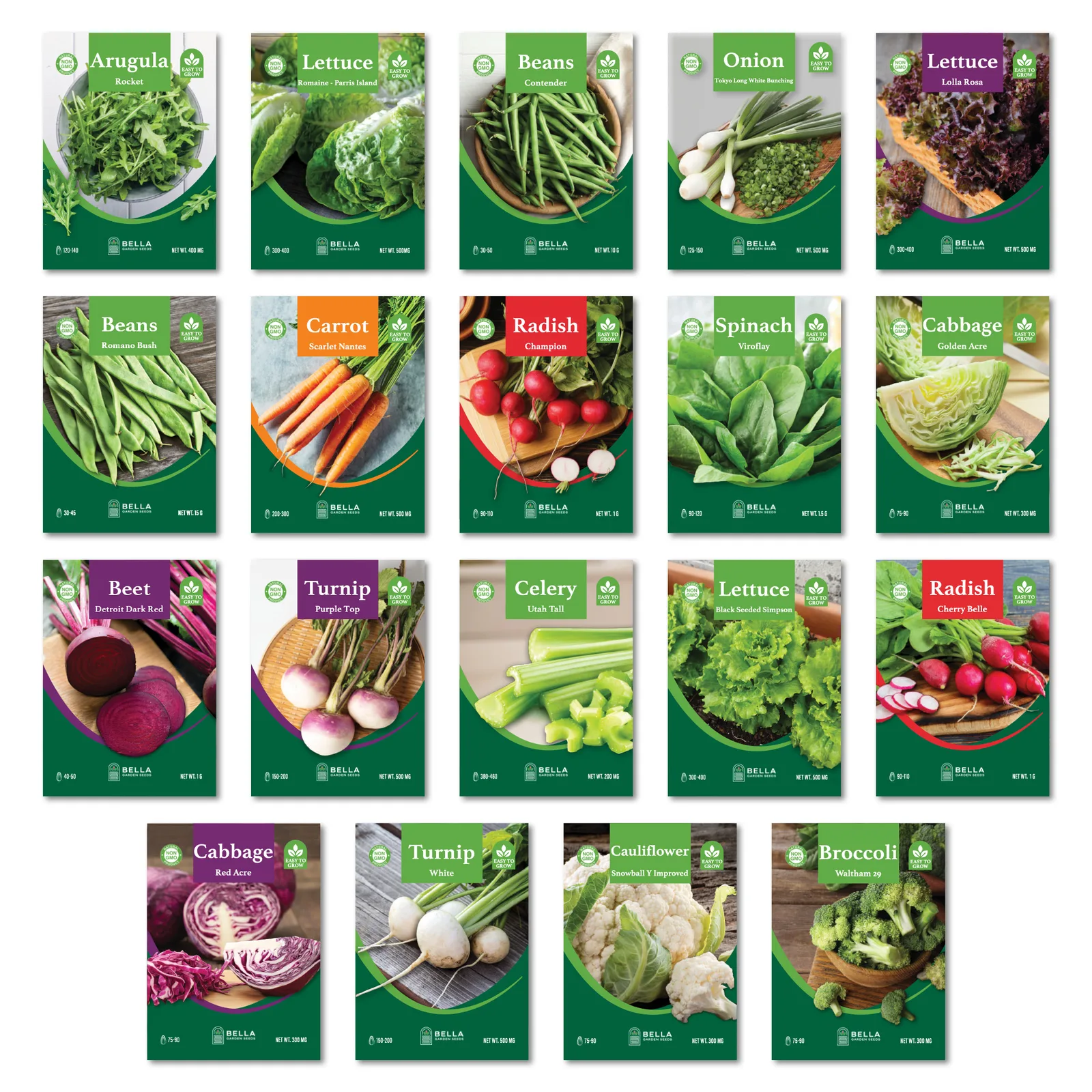 Cool Weather Seed Bundle contents, included seed packets and varieties pictured together