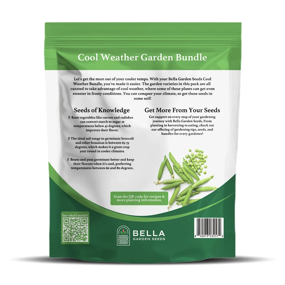 Cool Weather Seed Bundle packet back, full list of included varieties and growing guide