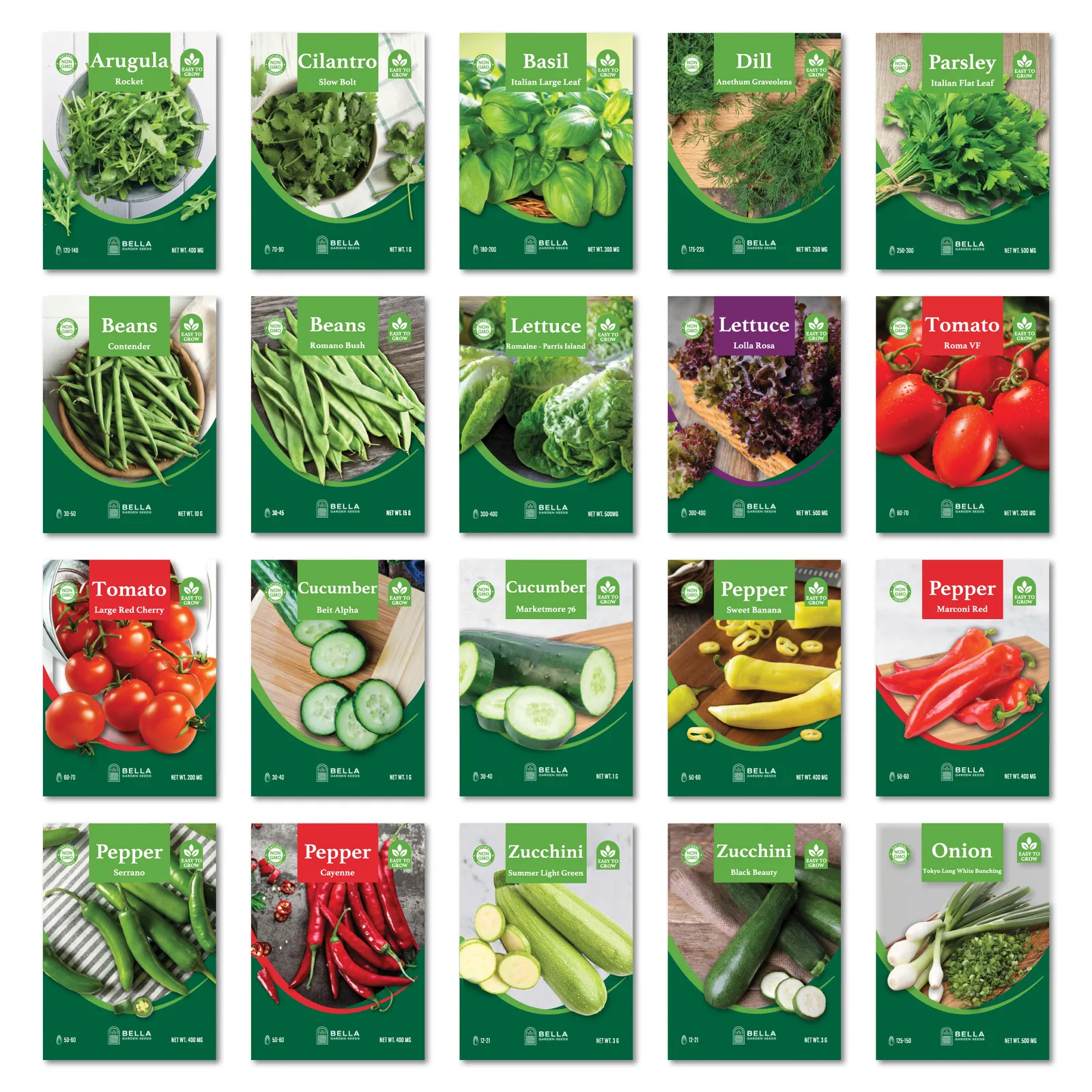 Container Friendly Bundle contents, included seed packets and varieties pictured together