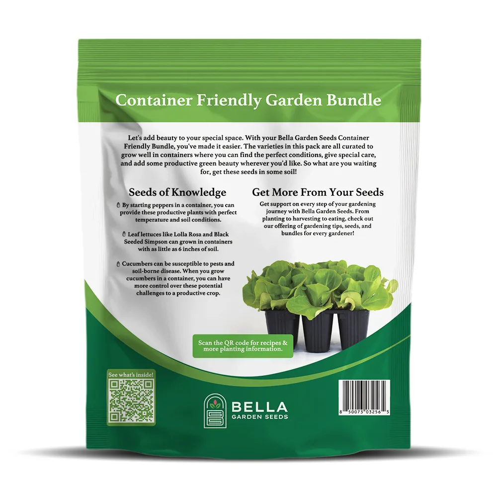 Container Friendly Bundle packet back, full list of included varieties and growing guide