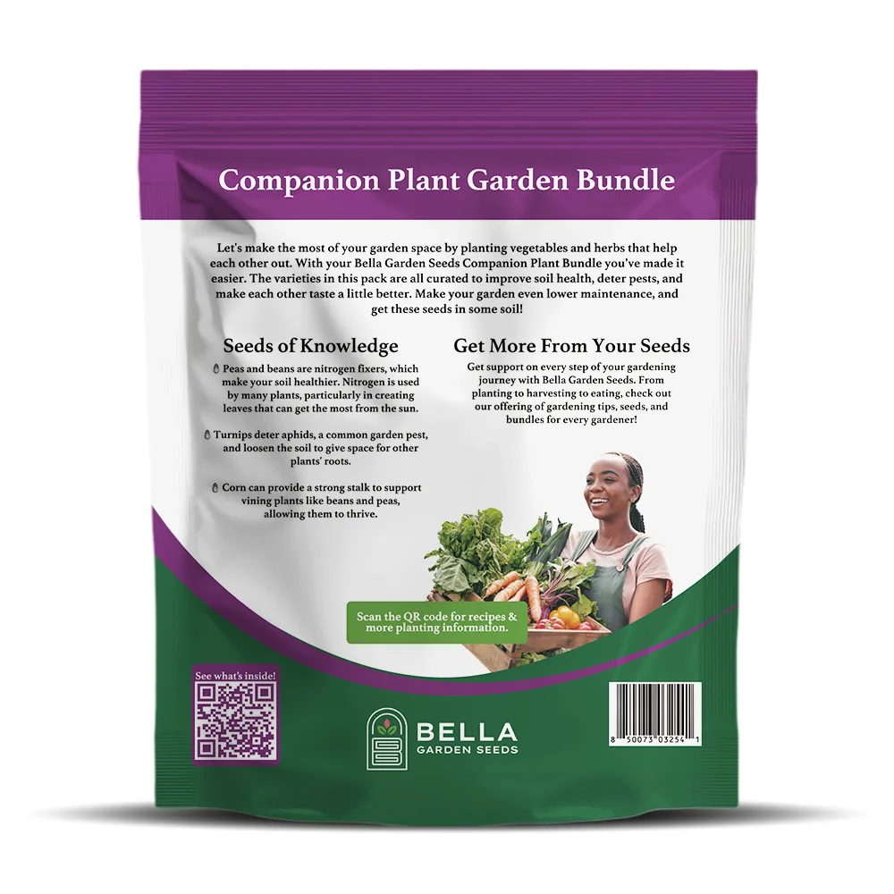 Companion Plant Bundle packet back, full list of included varieties and growing guide