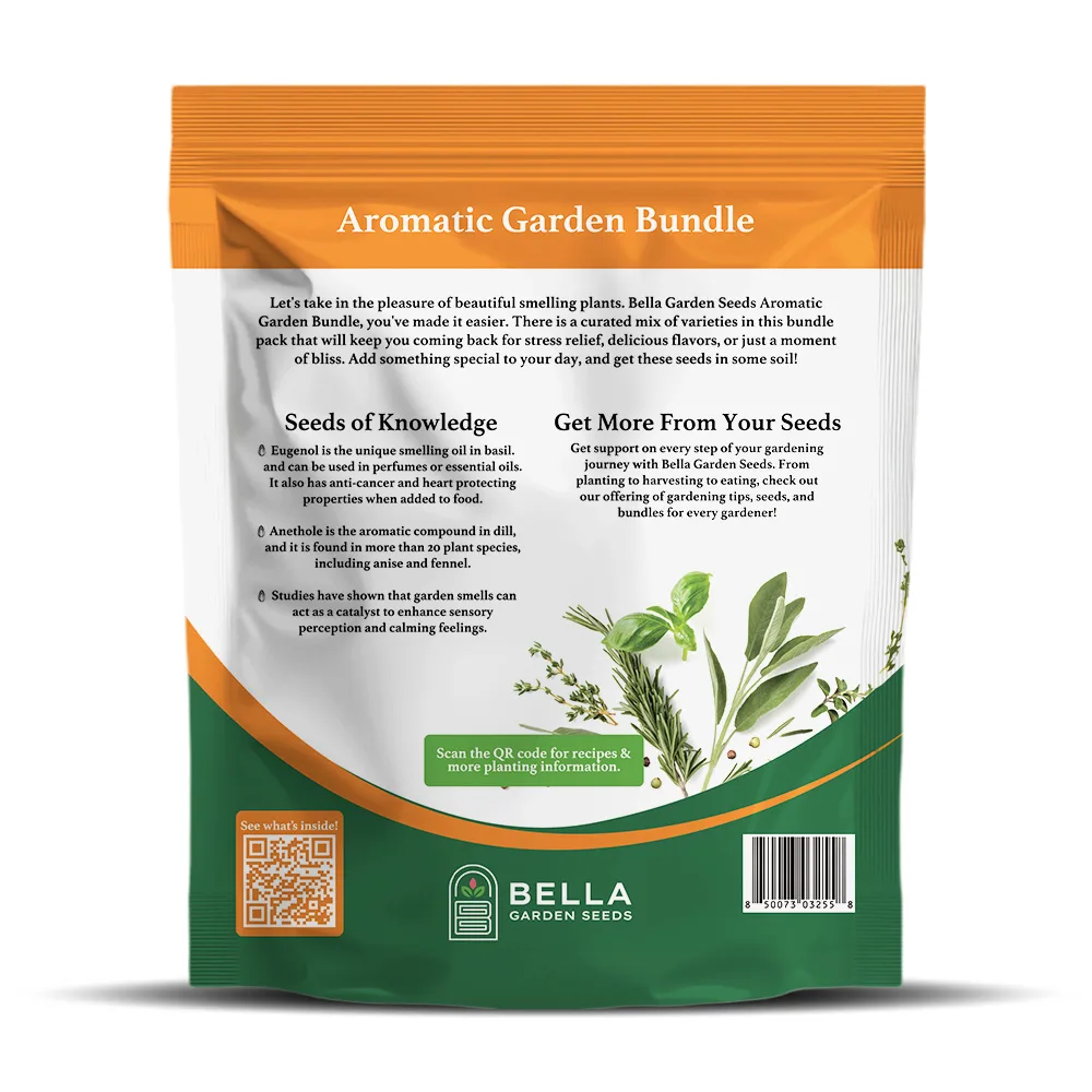 Aromatic Garden Bundle packet back, full list of included varieties and growing guide