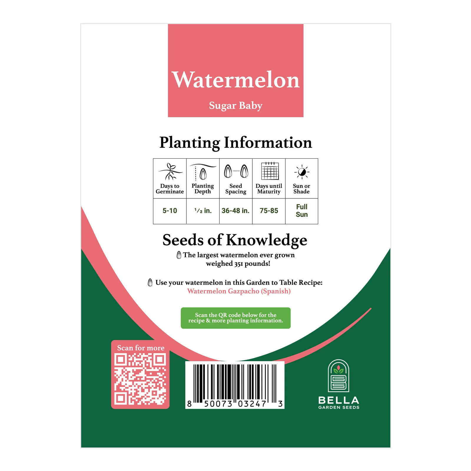 Sugar Baby Watermelon packet back, planting depth, spacing, and grow tips