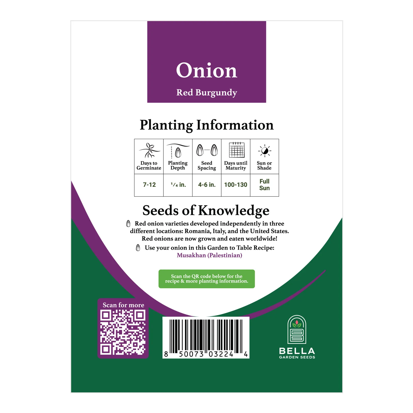 Red Burgundy Onion packet back, planting depth, spacing, and grow tips