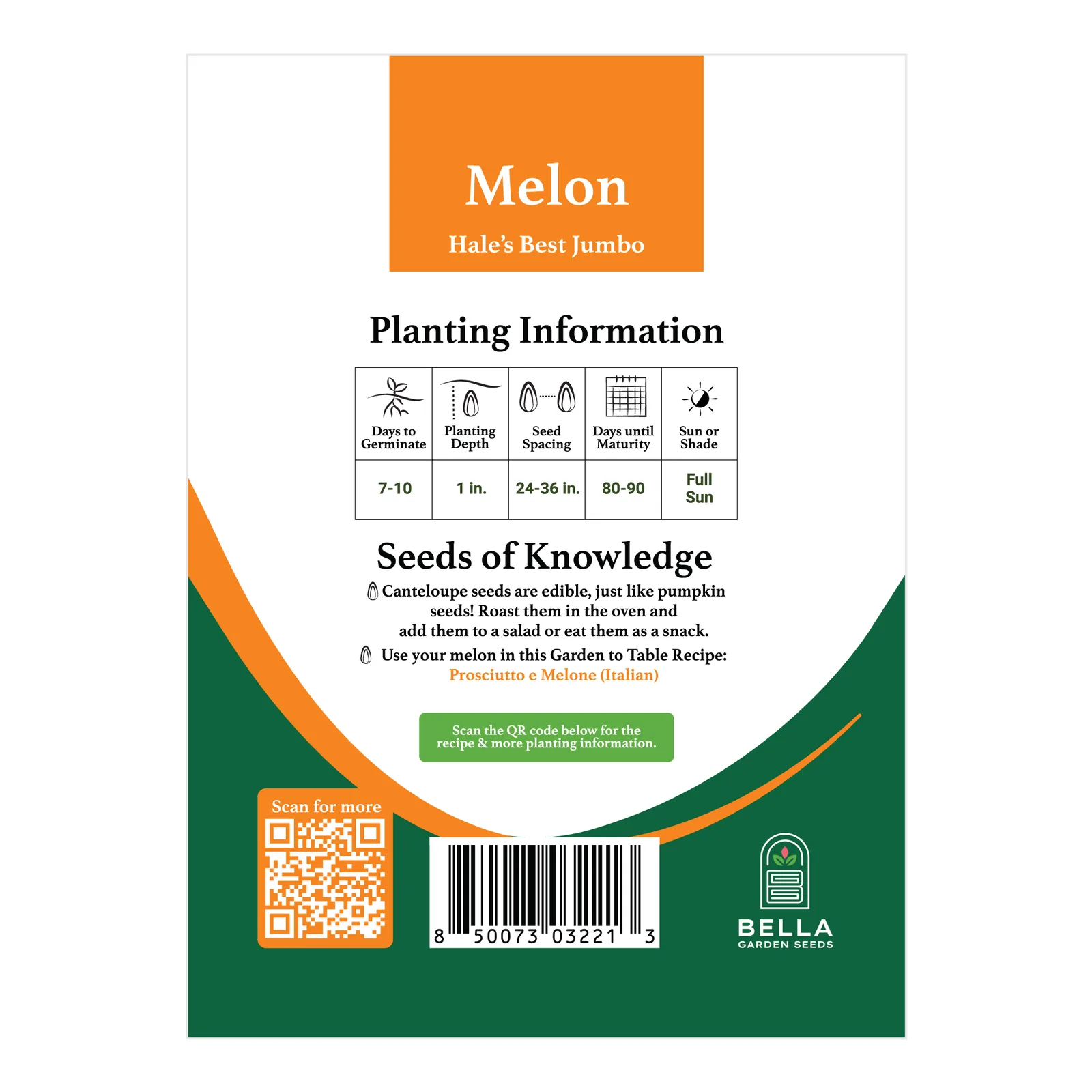 Hales Best Jumbo Melon packet back, planting depth, spacing, and grow tips