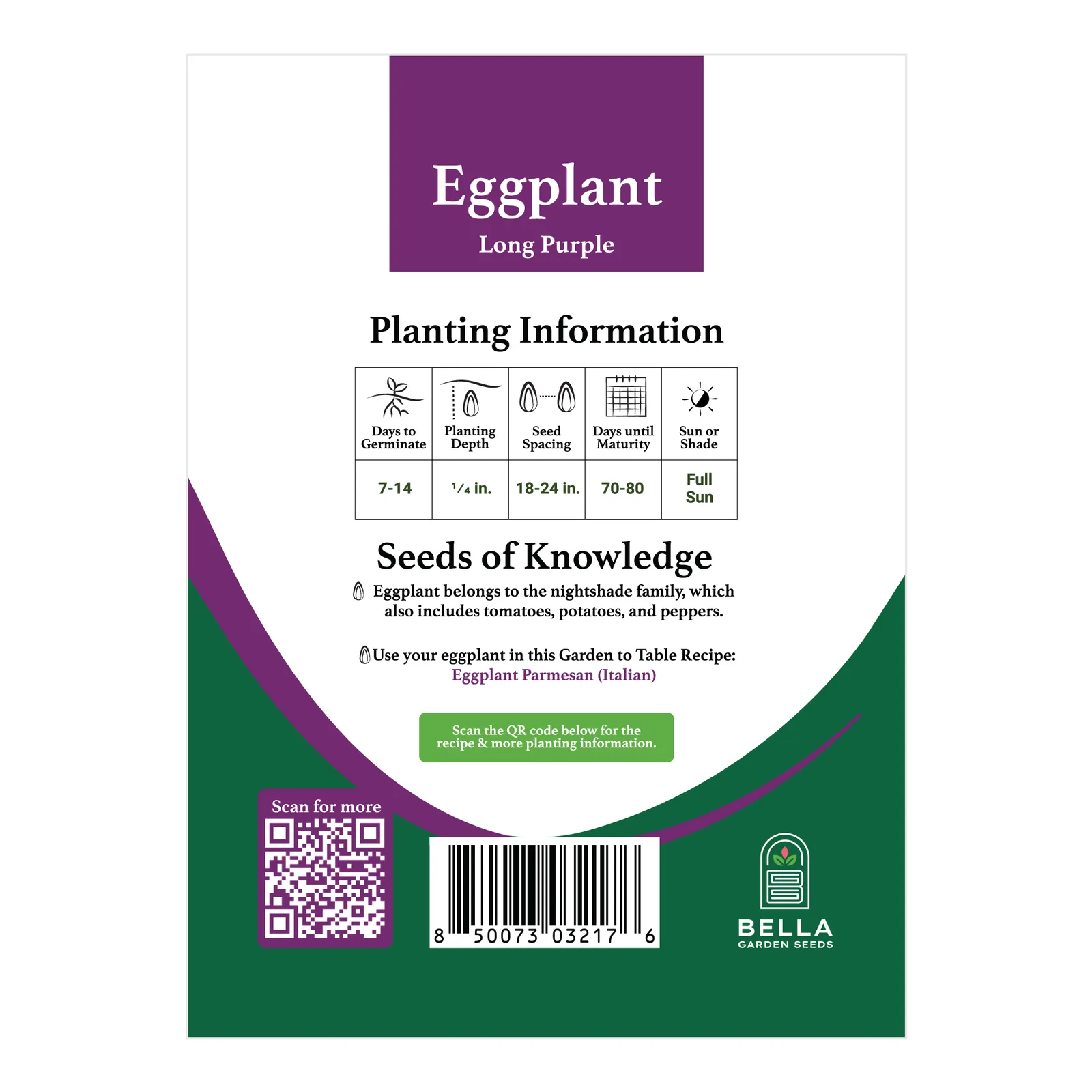 Long Purple Eggplant seed packet back — planting depth, spacing, and days to maturity