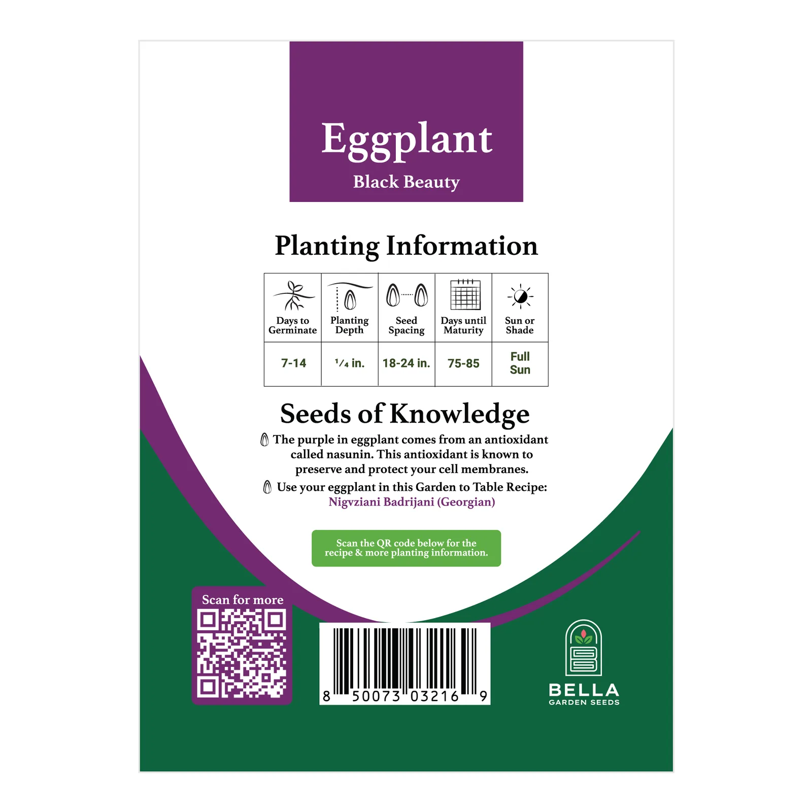 Black Beauty Eggplant packet back, planting depth, spacing, and grow tips