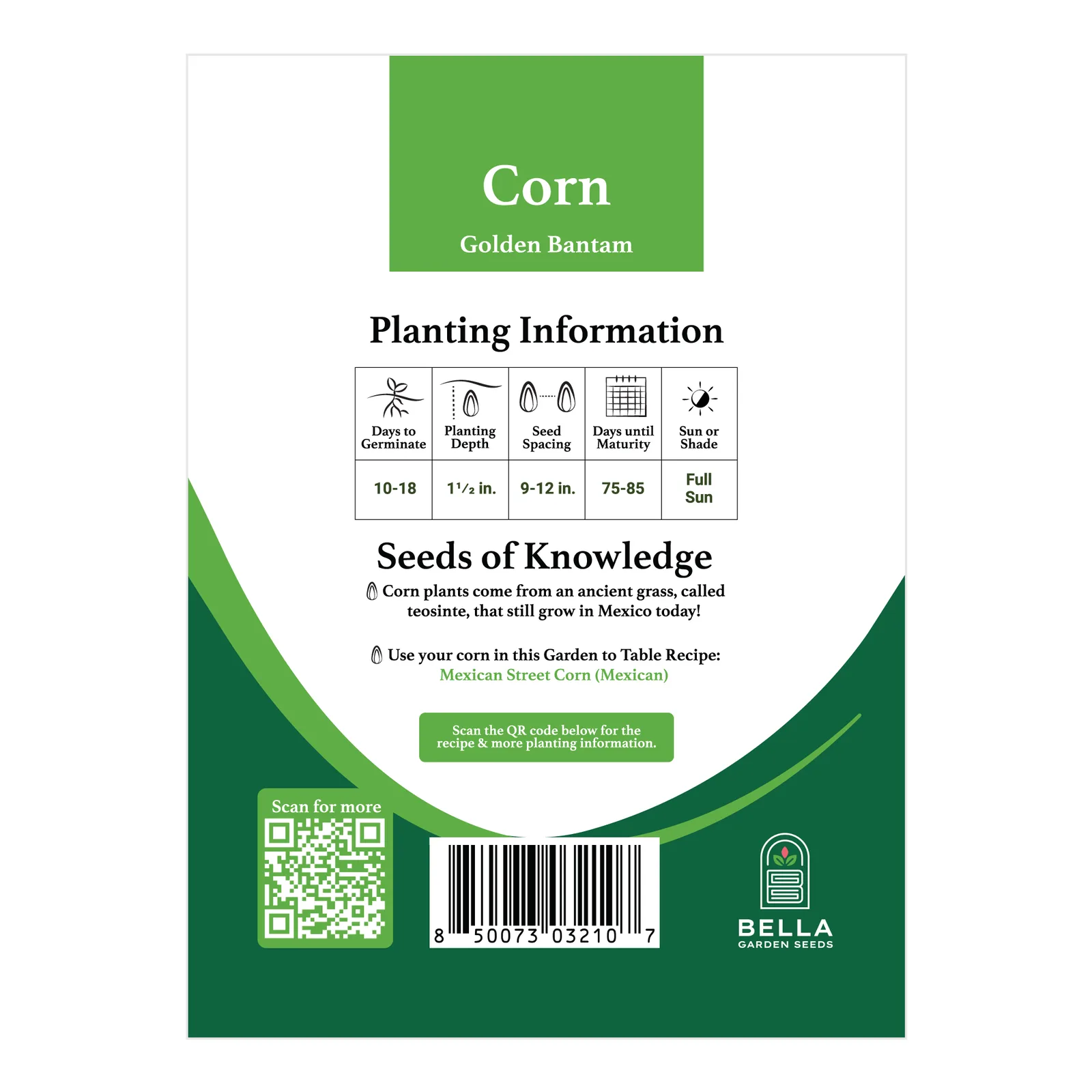 Golden Bantam Corn seed packet back — planting depth, spacing, and days to maturity