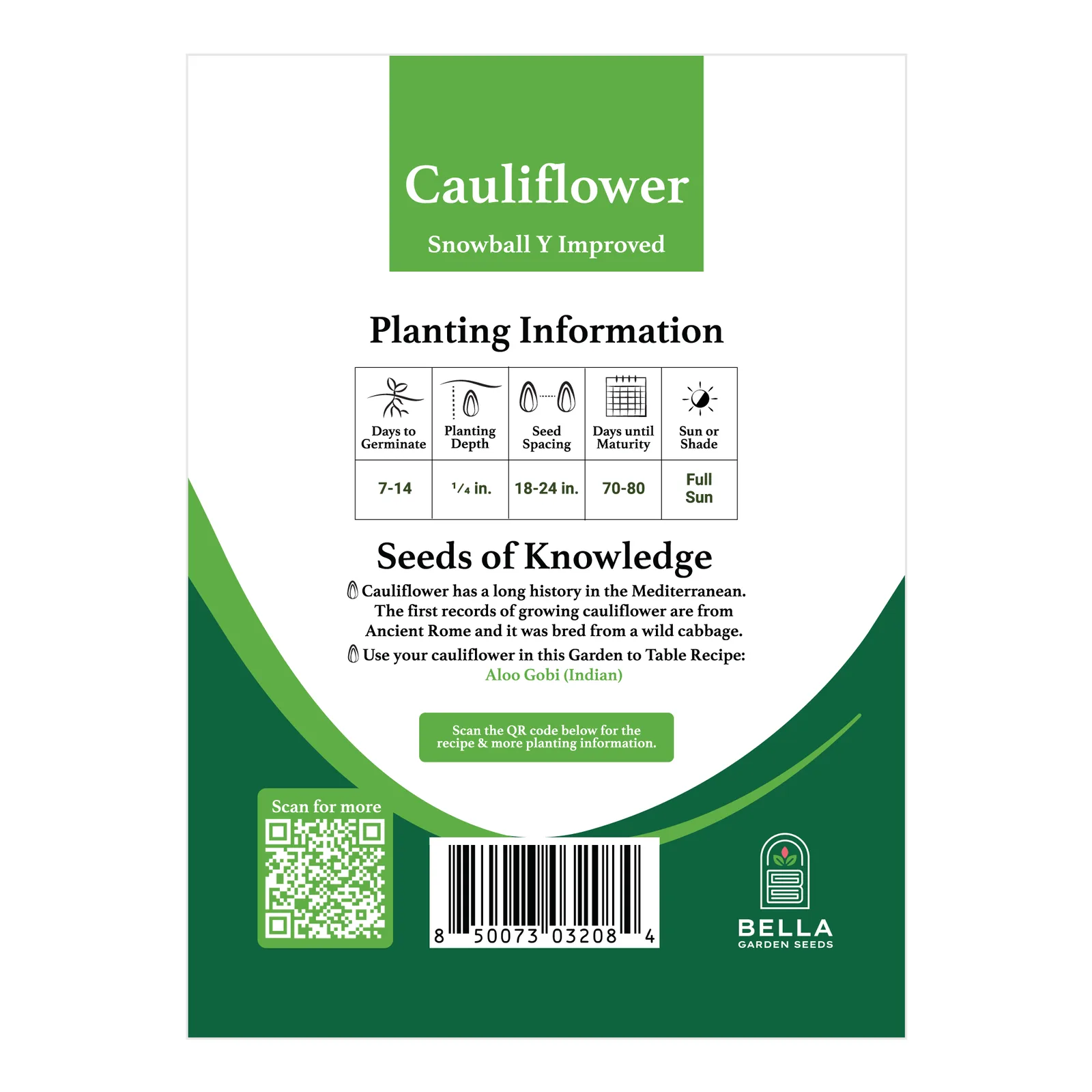 Snowball Y Improved Cauliflower packet back, planting depth, spacing, and grow tips