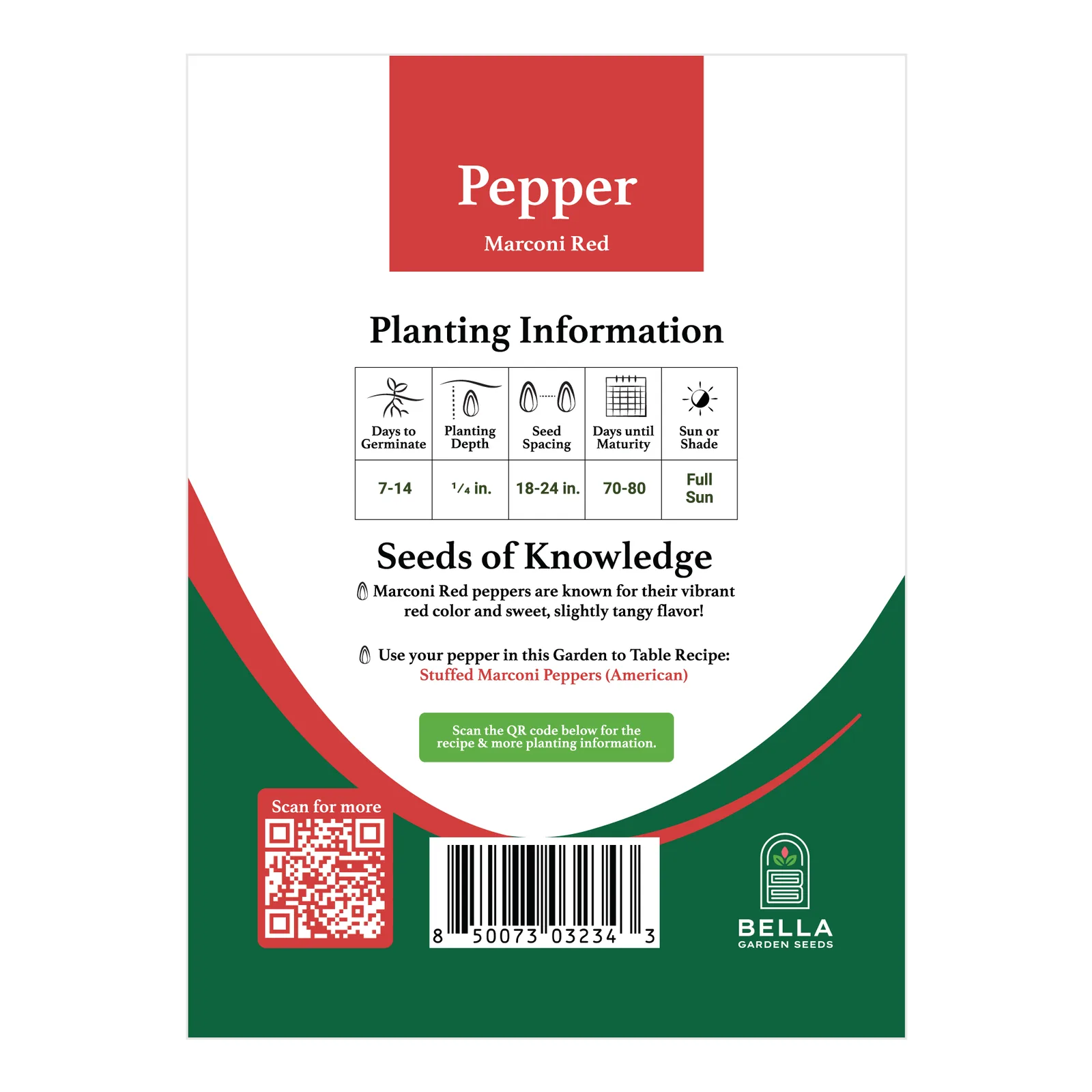 Marconi Red Pepper packet back, planting depth, spacing, and grow tips