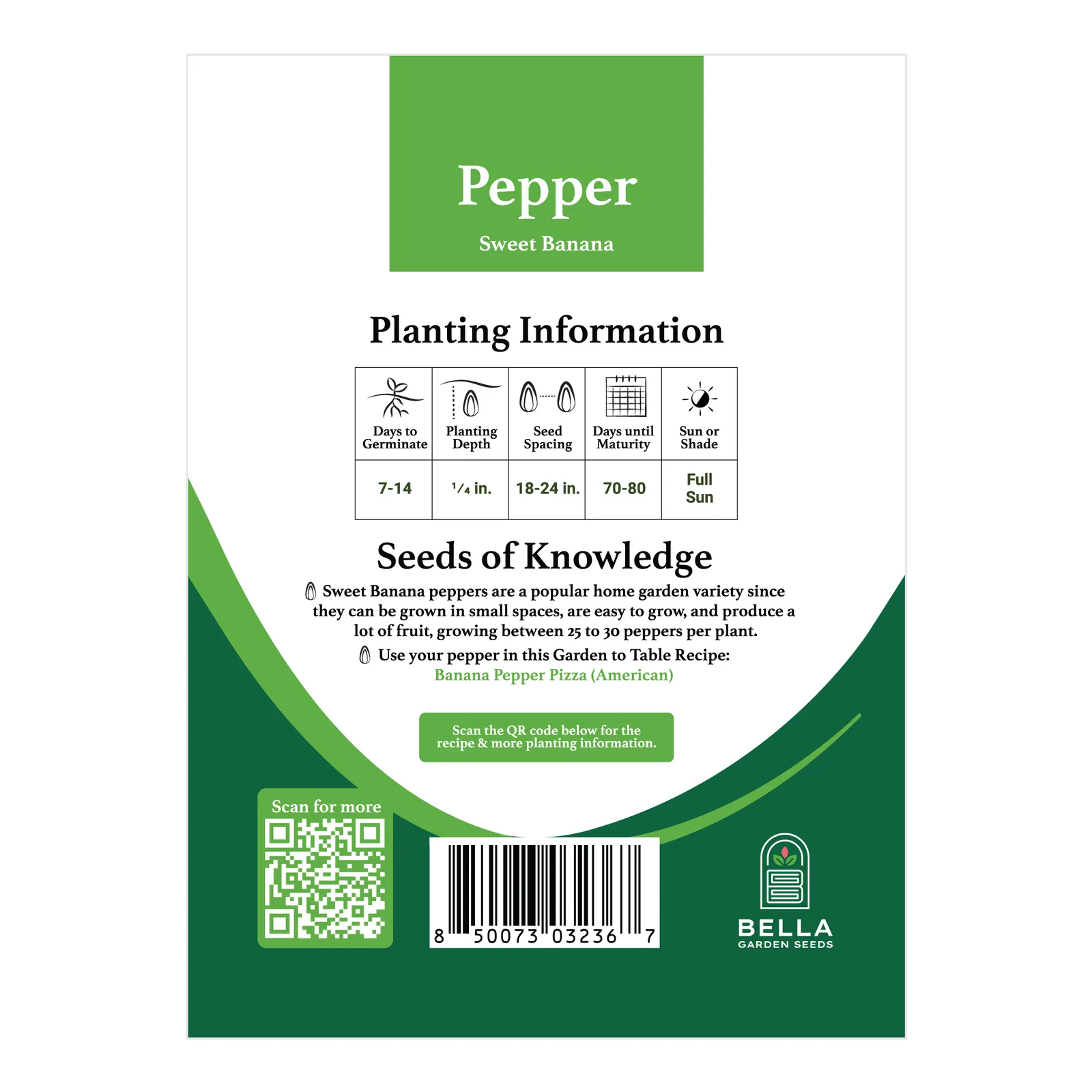 Sweet Banana Pepper packet back, planting depth, spacing, and grow tips