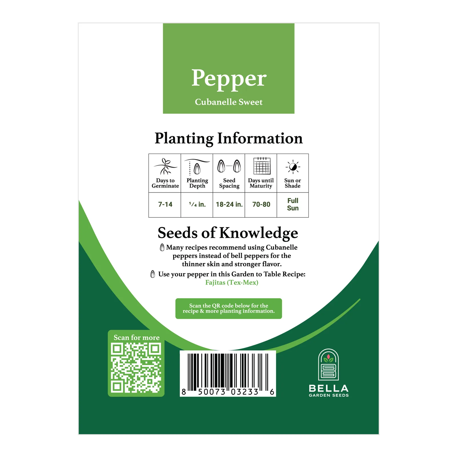 Cubanelle Sweet Pepper packet back, planting depth, spacing, and grow tips