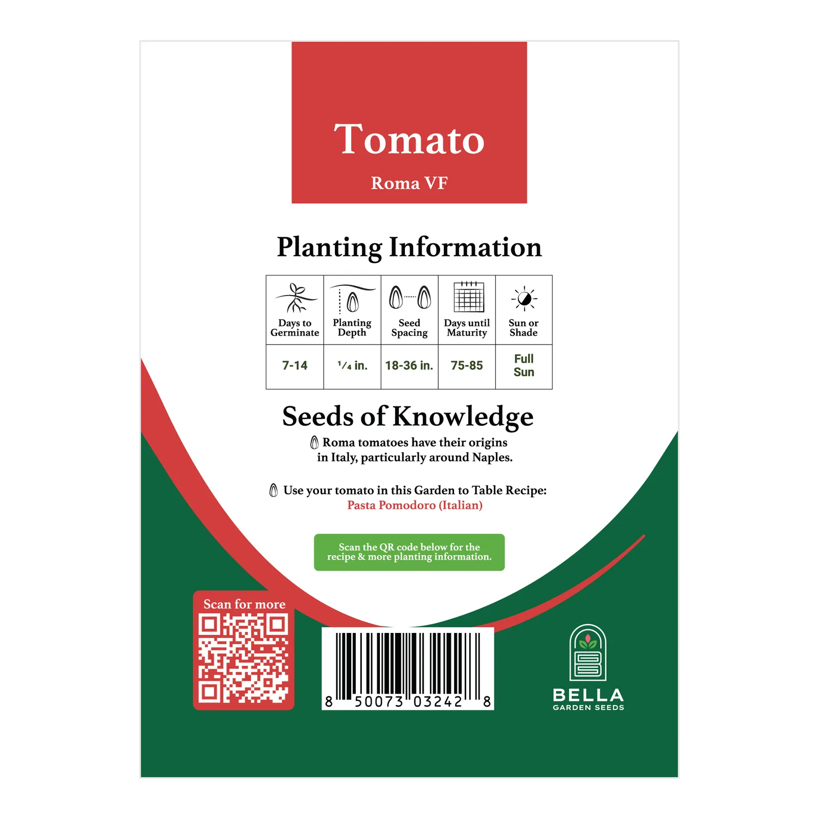 Roma VF Tomato packet back, planting depth, spacing, and grow tips
