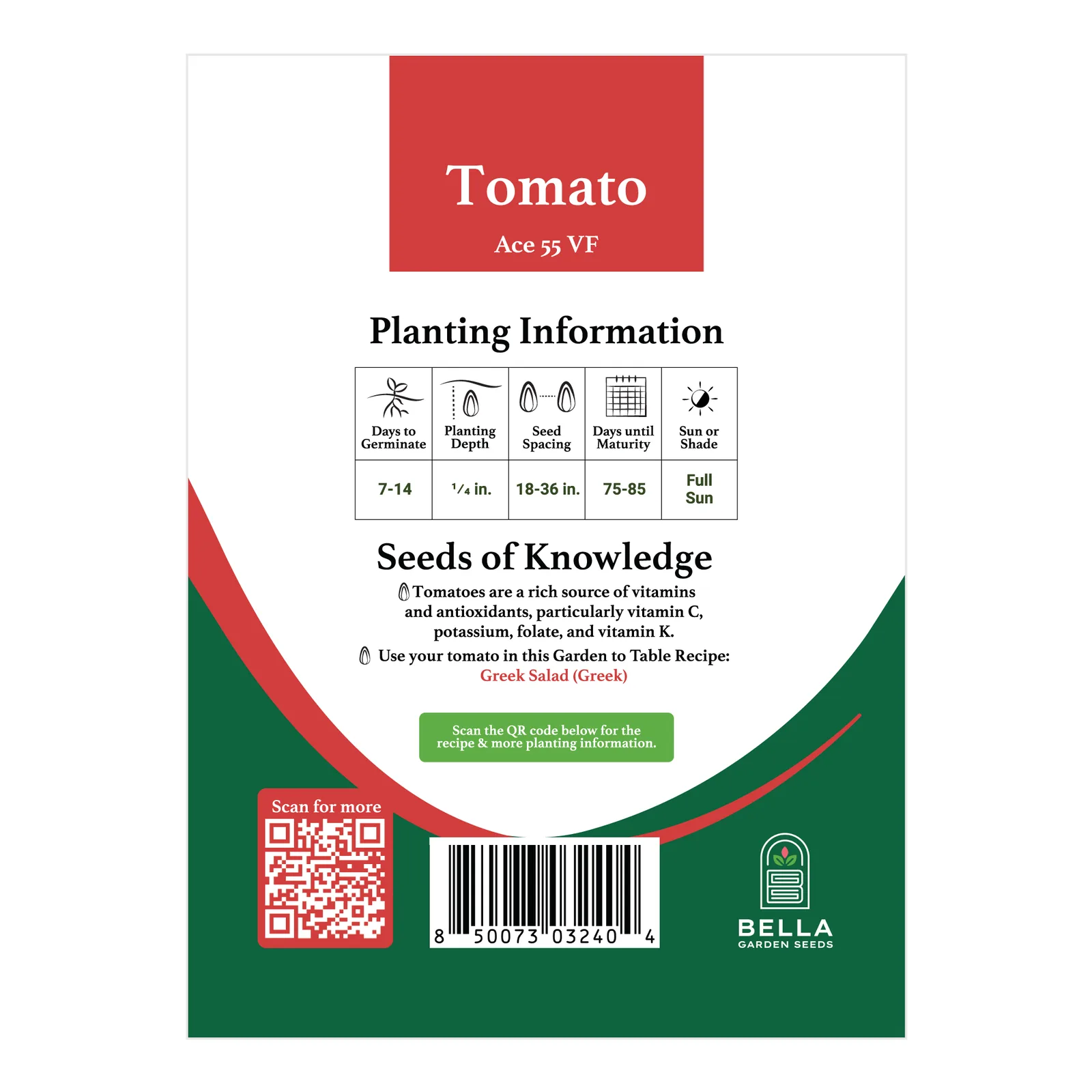 Ace 55 VF Tomato packet back, planting depth, spacing, and grow tips