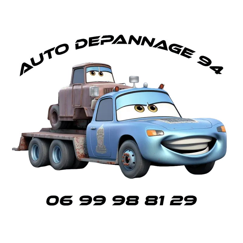 Logo de voiture bleue contente avec texte noir de l'entreprise Auto Dépannage 94.