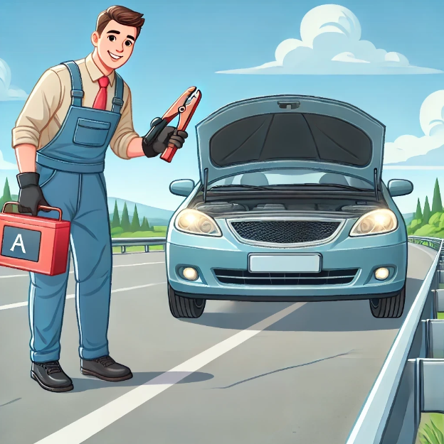 Un mécanicien en tenue de travail, tenant une mallette à outils et un câble de démarrage, se tient à côté d'une voiture en panne avec le capot ouvert sur le bord de la route. Le ciel est bleu avec quelques nuages en arrière-plan.