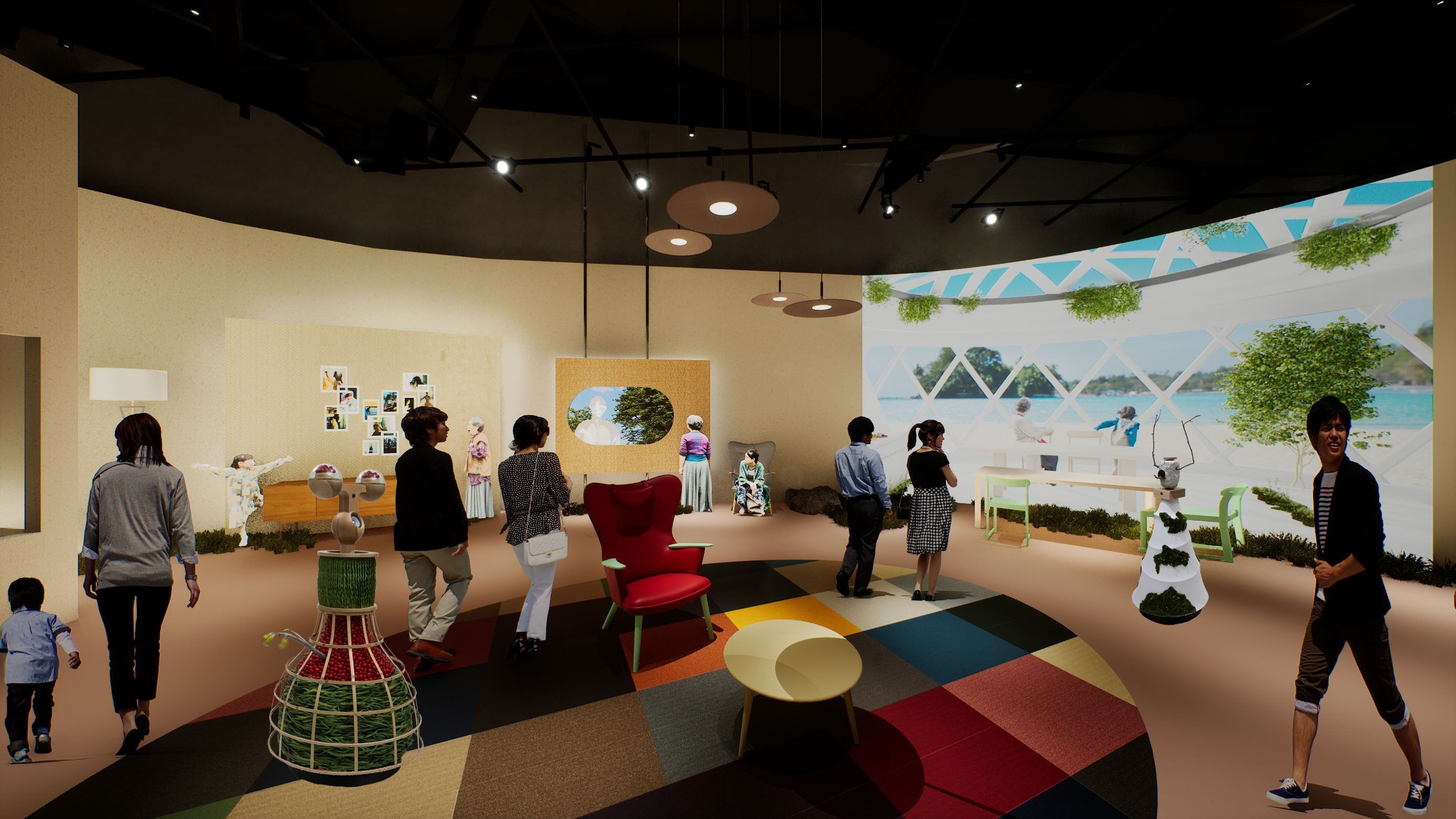 I visitatori esplorano l'interno interattivo del padiglione Future of Life all'Expo 2025 di Osaka, con un pavimento colorato, installazioni robotiche e una grande proiezione immersiva di un paesaggio marino su una parete curva
