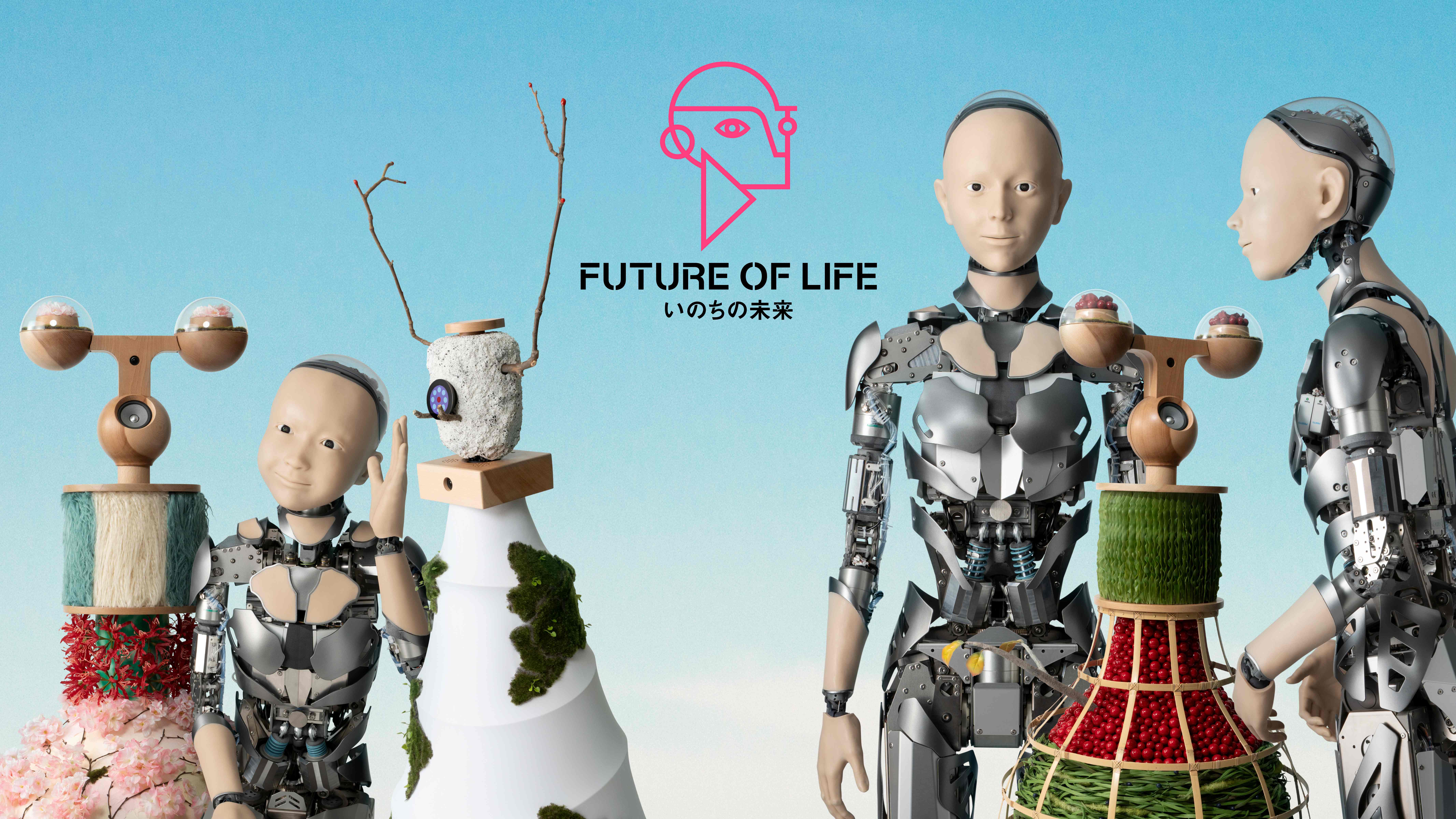immagine rappresentativa del padiglione Future of Life all'Expo 2025 di Osaka, con robot umanoidi, sculture organiche e il logo del padiglione con il sottotitolo in giapponese いのちの未来