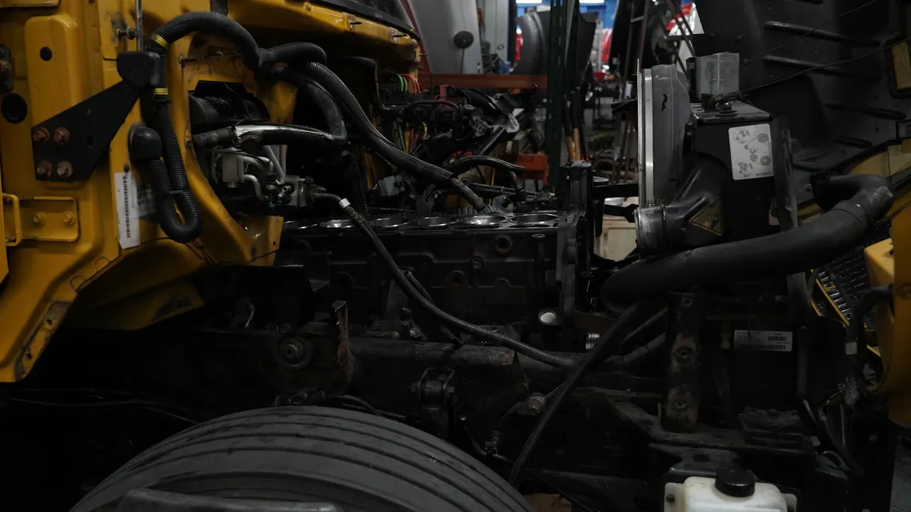 Engine repair showing an exposed heavy-duty diesel engine block, cylinders, hoses and wiring inside a yellow truck.
