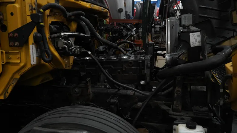 Engine repair showing an exposed heavy-duty diesel engine block, cylinders, hoses and wiring inside a yellow truck.