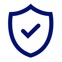 Blue shield outline with a checkmark inside symbolizing security or protection.