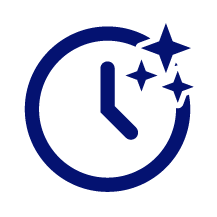 Icon of a clock with three sparkling stars indicating continuous or timely monitoring.