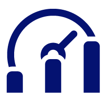 Icon of a speedometer gauge above three ascending bar chart columns.