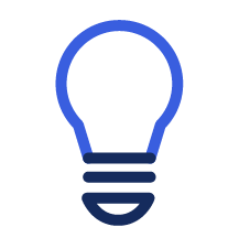 Blue outlined light bulb icon with a black base.
