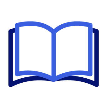 Blue outlined icon of an open book with blank pages.