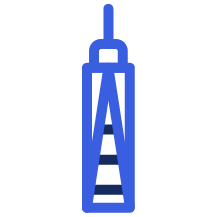 Blue icon of a tall skyscraper with a pointed antenna at the top.