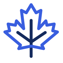 Blue outline of a stylized maple leaf with dark blue central veins.