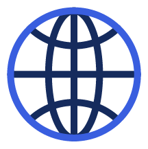 Blue globe icon with latitude and longitude lines on a white background.