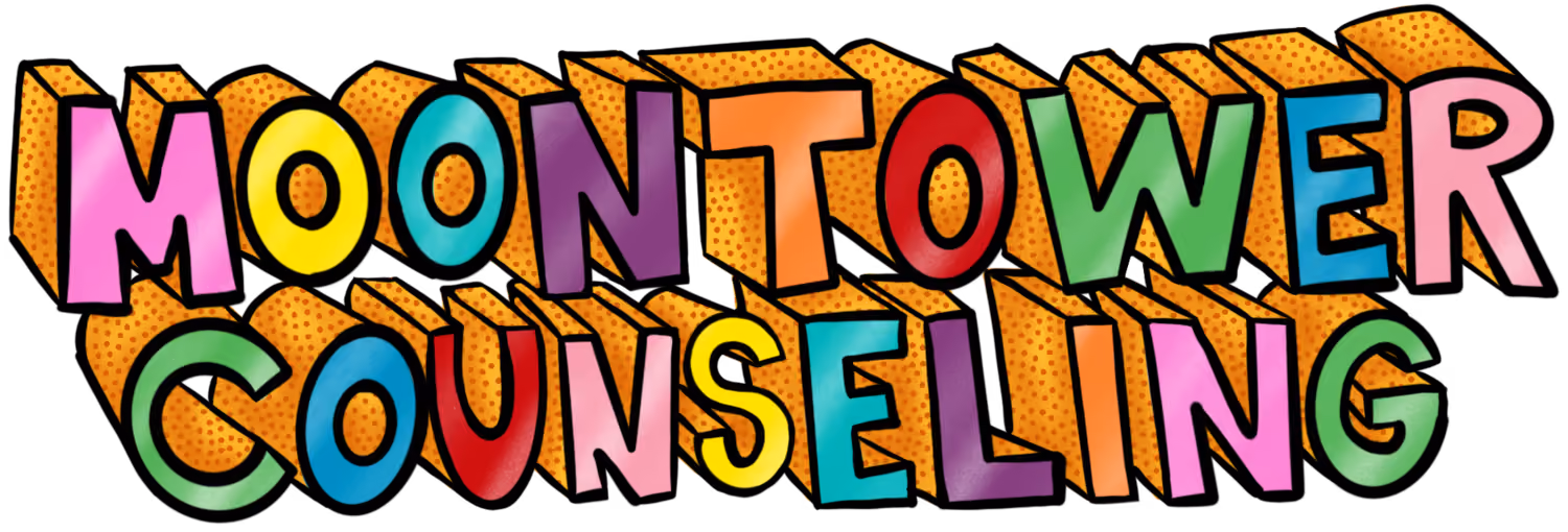 Colorful 3D block letters spelling 'MOON TOWER COUNSELING' with an orange dotted pattern.
