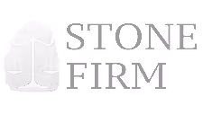 Stone Firm logo featuring a stylized stone block with balanced scales and bold capital text.
