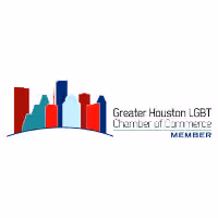 Logo of the Greater Houston LGBT Chamber of Commerce with colorful Houston skyline and member designation.
