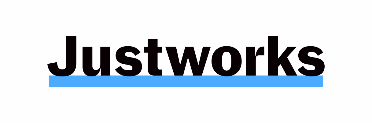 Justworks logo with bold black text and a blue underline.