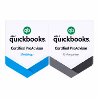 Two QuickBooks Certified ProAdvisor badges side by side, one for Desktop and one for Enterprise versions.